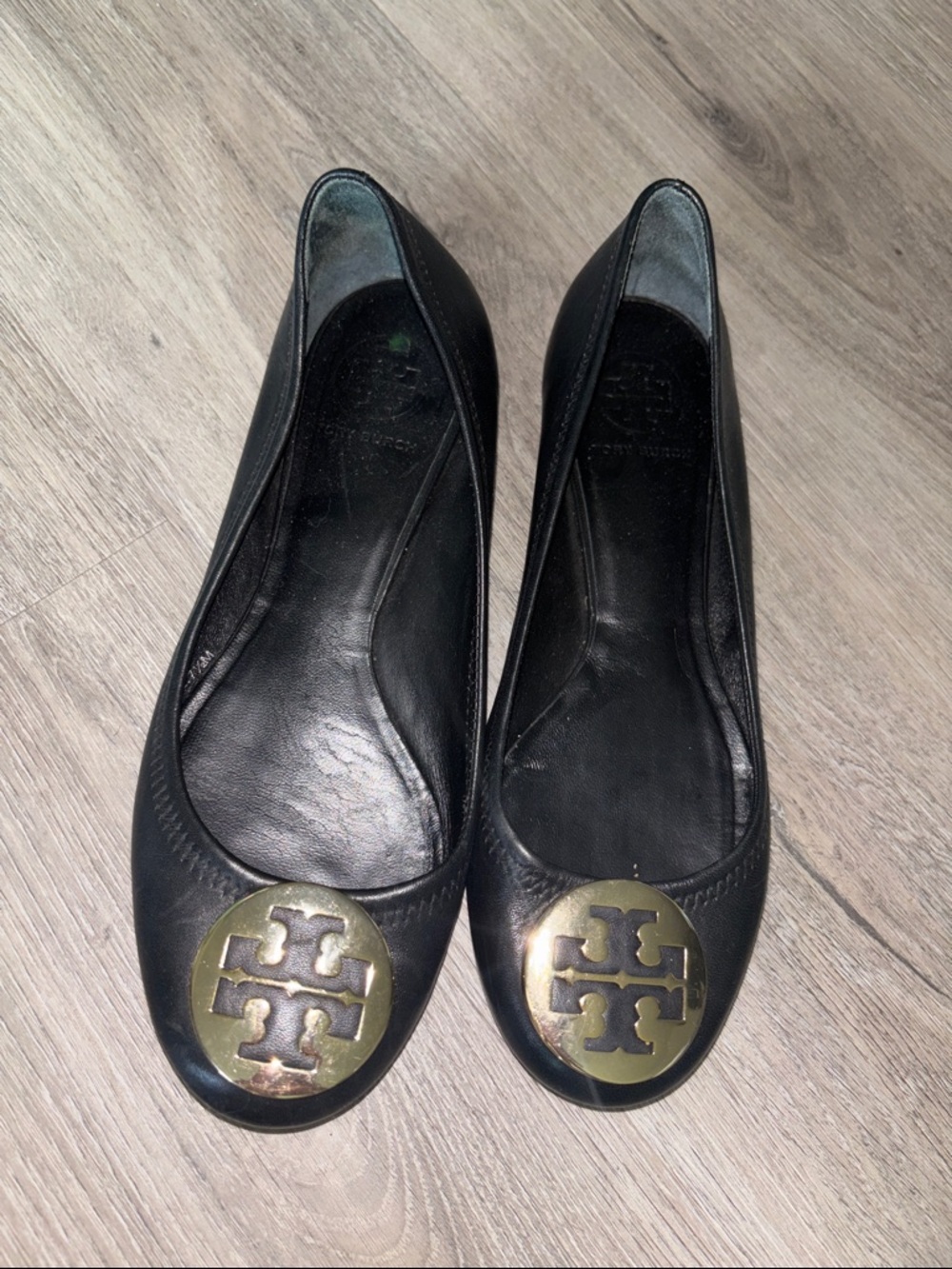 Tory Burch Black Leather Logo Medallion Ballet Flats